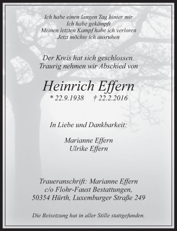 Anzeige von Heinrich Effern von  Wochenende 