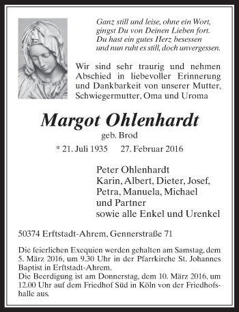 Anzeige von Margot Ohlenhardt von  Werbepost 