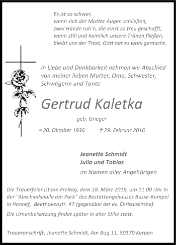 Anzeige von Gertrud Kaletka von Kölner Stadt-Anzeiger / Kölnische Rundschau / Express