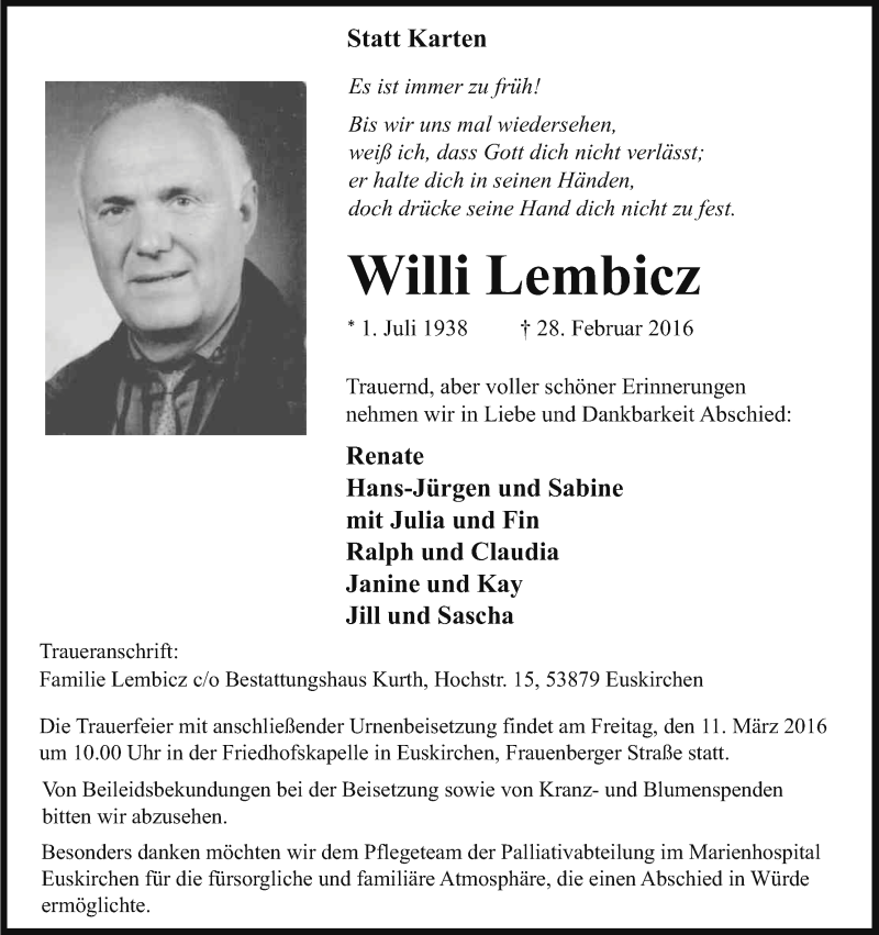  Traueranzeige für Willi Lembicz vom 05.03.2016 aus Kölner Stadt-Anzeiger / Kölnische Rundschau / Express
