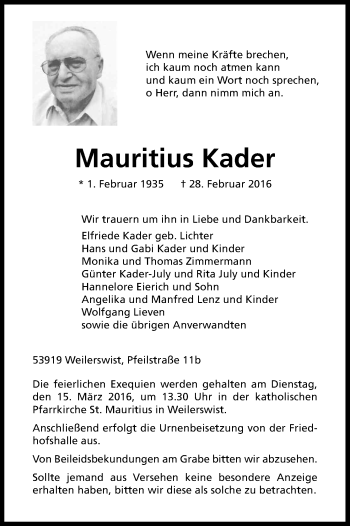 Anzeige von Mauritius Kader von Kölner Stadt-Anzeiger / Kölnische Rundschau / Express