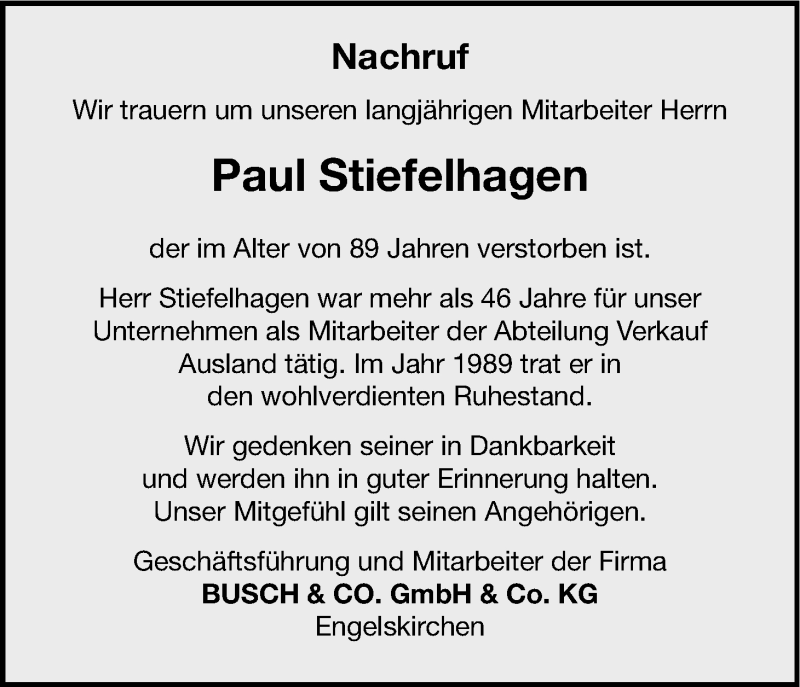  Traueranzeige für Paul Stiefelhagen vom 05.03.2016 aus Kölner Stadt-Anzeiger / Kölnische Rundschau / Express