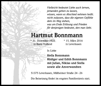 Anzeige von Hartmut Bonnmann von Kölner Stadt-Anzeiger / Kölnische Rundschau / Express