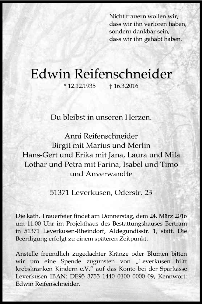  Traueranzeige für Edwin Reifenschneider vom 21.03.2016 aus Kölner Stadt-Anzeiger / Kölnische Rundschau / Express