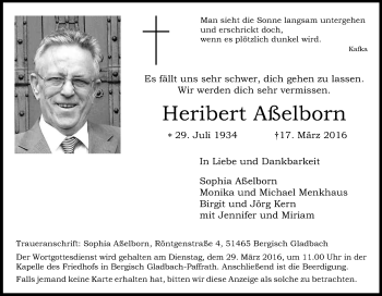 Anzeige von Heribert Aßelborn von Kölner Stadt-Anzeiger / Kölnische Rundschau / Express