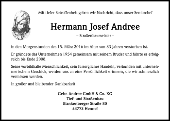 Anzeige von Hermann-Josef Andree von Kölner Stadt-Anzeiger / Kölnische Rundschau / Express