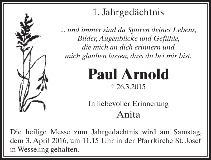  Traueranzeige für Paul Arnold vom 30.03.2016 aus  Schlossbote/Werbekurier 