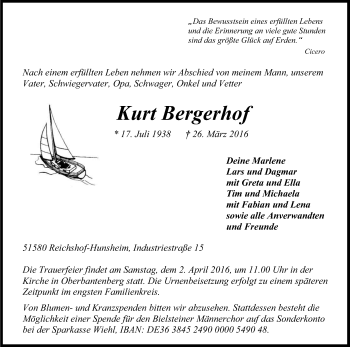 Anzeige von Kurt Bergerhof von Kölner Stadt-Anzeiger / Kölnische Rundschau / Express