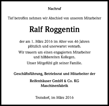 Anzeige von Ralf Roggentin von Kölner Stadt-Anzeiger / Kölnische Rundschau / Express