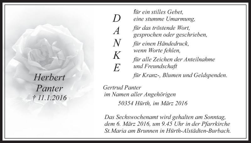  Traueranzeige für Herbert Panter vom 02.03.2016 aus  Wochenende 