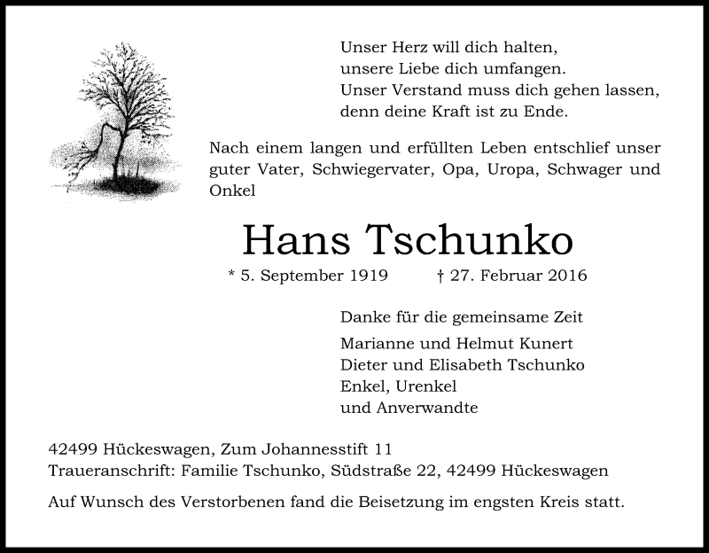  Traueranzeige für Hans Tschunko vom 05.03.2016 aus Kölner Stadt-Anzeiger / Kölnische Rundschau / Express
