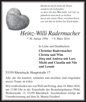 Anzeige von Heinz-Willi Radermacher von  Schaufenster/Blickpunkt 