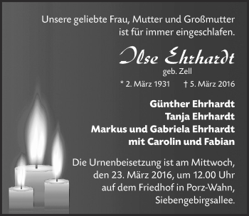 Anzeige von Ilse Ehrhardt von  Kölner Wochenspiegel 