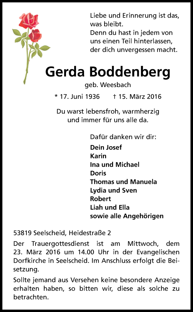  Traueranzeige für Gerda Boddenberg vom 19.03.2016 aus Kölner Stadt-Anzeiger / Kölnische Rundschau / Express