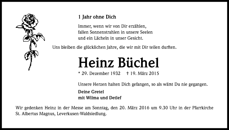  Traueranzeige für Heinz Büchel vom 19.03.2016 aus Kölner Stadt-Anzeiger / Kölnische Rundschau / Express