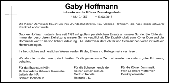 Anzeige von Gaby Hoffmann von Kölner Stadt-Anzeiger / Kölnische Rundschau / Express