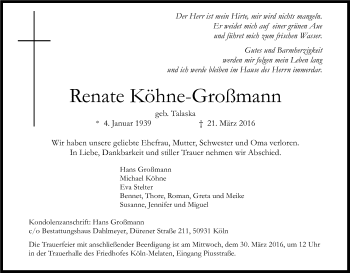 Anzeige von Renate Köhne-Großmann von Kölner Stadt-Anzeiger / Kölnische Rundschau / Express