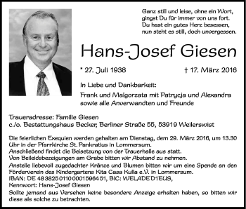 Anzeige von Hans-Josef Giesen von Kölner Stadt-Anzeiger / Kölnische Rundschau / Express