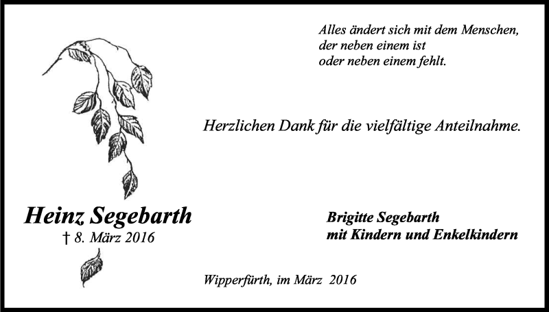  Traueranzeige für Heinz Segebarth vom 26.03.2016 aus Kölner Stadt-Anzeiger / Kölnische Rundschau / Express