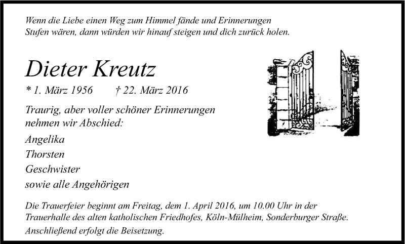  Traueranzeige für Dieter Kreutz vom 26.03.2016 aus Kölner Stadt-Anzeiger / Kölnische Rundschau / Express