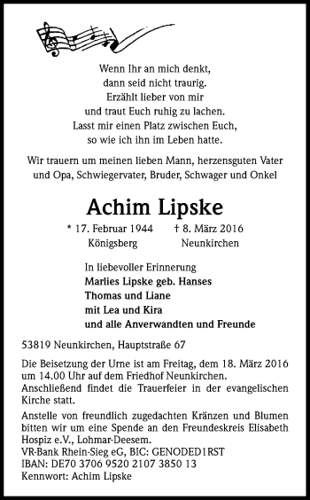 Anzeige von Achim Lipske von Kölner Stadt-Anzeiger / Kölnische Rundschau / Express