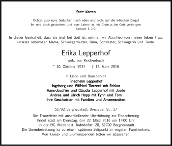 Anzeige von Erika Lepperhof von Kölner Stadt-Anzeiger / Kölnische Rundschau / Express