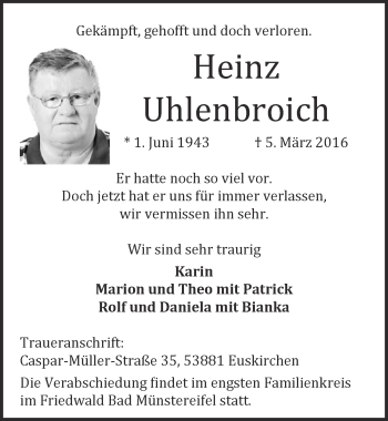 Anzeige von Heinz Uhlenbroich von  Blickpunkt Euskirchen 