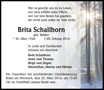 Anzeige von Brita Schallhorn von Kölner Stadt-Anzeiger / Kölnische Rundschau / Express