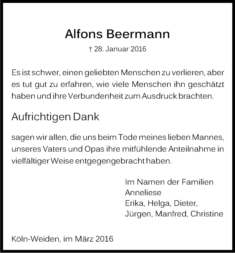  Traueranzeige für Alfons Beermann vom 12.03.2016 aus Kölner Stadt-Anzeiger / Kölnische Rundschau / Express