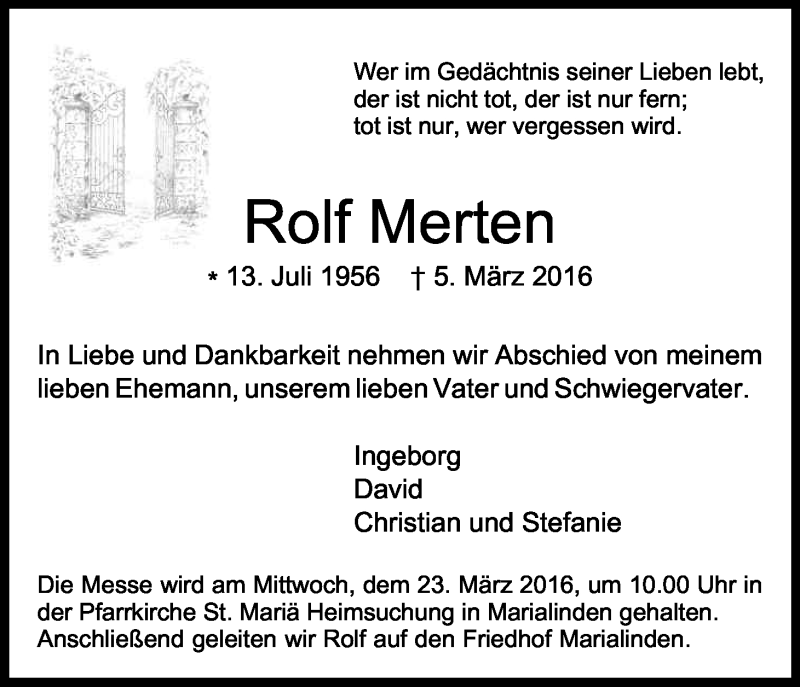  Traueranzeige für Rolf Merlen vom 12.03.2016 aus Kölner Stadt-Anzeiger / Kölnische Rundschau / Express