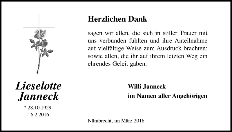  Traueranzeige für Lieselotte Janneck vom 23.03.2016 aus  Lokalanzeiger 