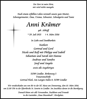 Anzeige von Anni Krämer von Kölner Stadt-Anzeiger / Kölnische Rundschau / Express