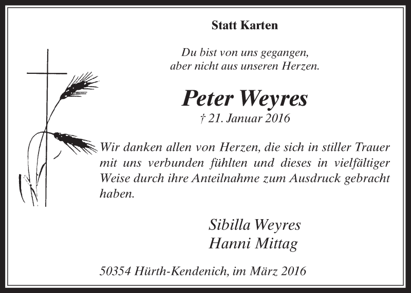  Traueranzeige für Peter Weyres vom 09.03.2016 aus  Wochenende 