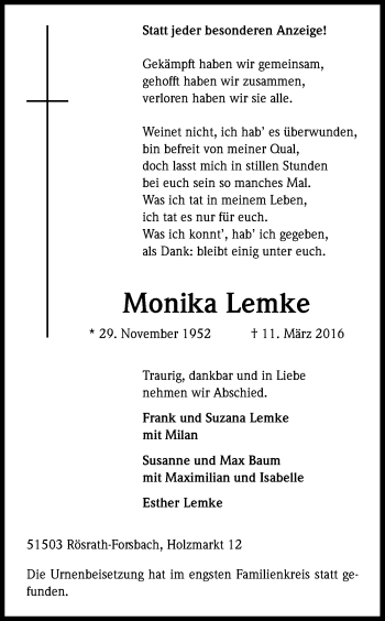 Anzeige von Monika Lemke von Kölner Stadt-Anzeiger / Kölnische Rundschau / Express