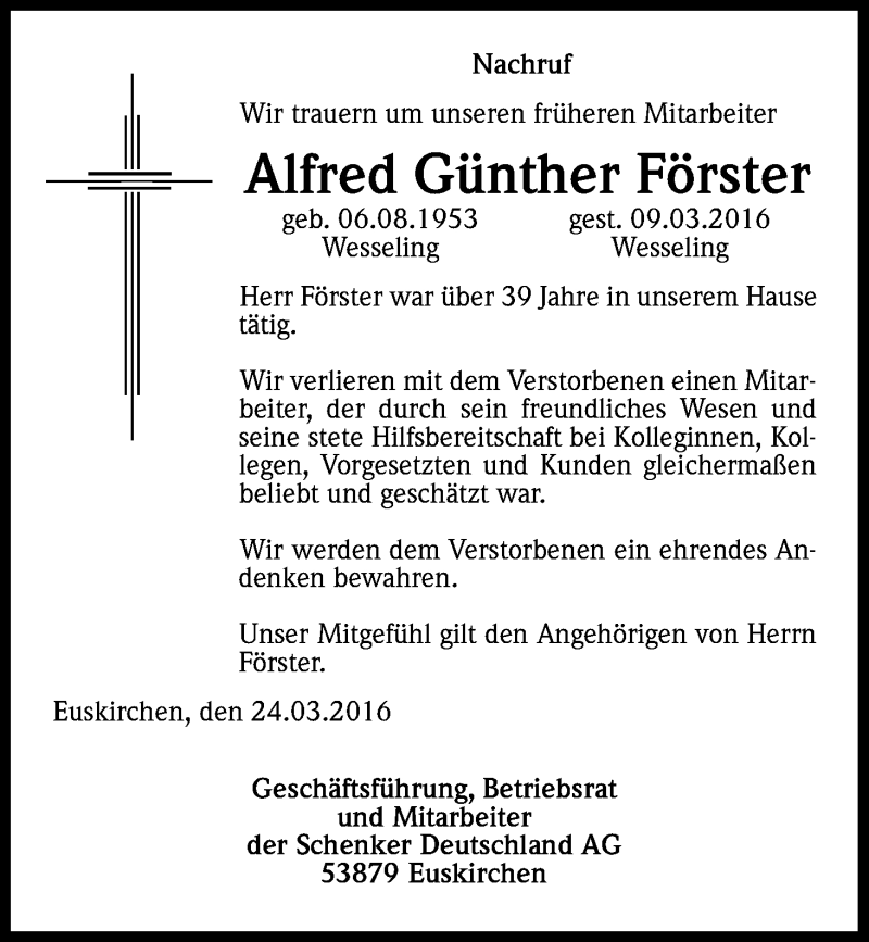  Traueranzeige für Alfred Günther Förster vom 24.03.2016 aus Kölner Stadt-Anzeiger / Kölnische Rundschau / Express