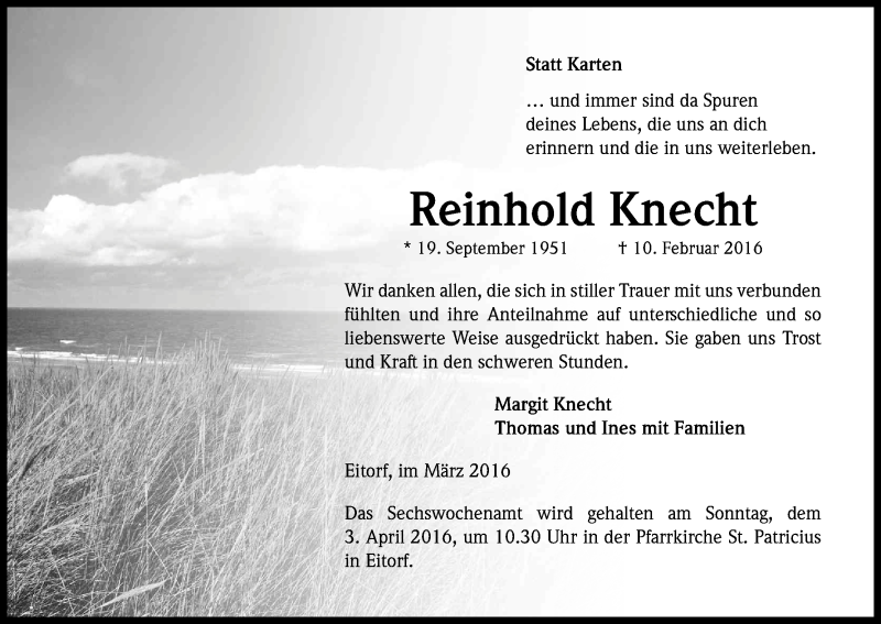  Traueranzeige für Reinhold Knecht vom 26.03.2016 aus Kölner Stadt-Anzeiger / Kölnische Rundschau / Express