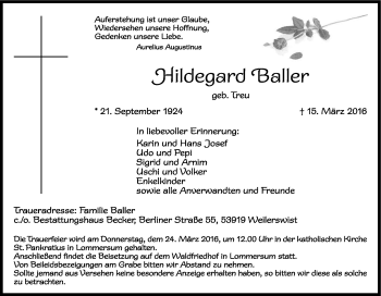 Anzeige von Hildegard Baller von Kölner Stadt-Anzeiger / Kölnische Rundschau / Express
