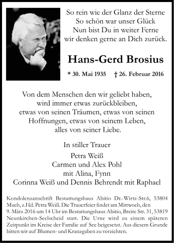 Anzeige von Hans-Gerd Brosius von Kölner Stadt-Anzeiger / Kölnische Rundschau / Express