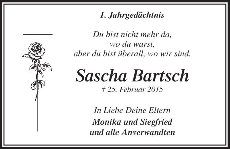  Traueranzeige für Sascha Bartsch vom 02.03.2016 aus  Anzeigen Echo 