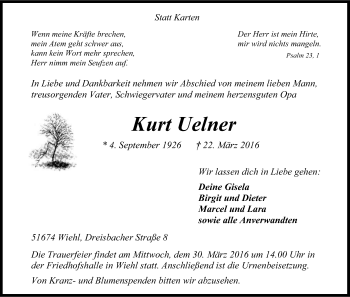 Anzeige von Kurt Uelner von Kölner Stadt-Anzeiger / Kölnische Rundschau / Express