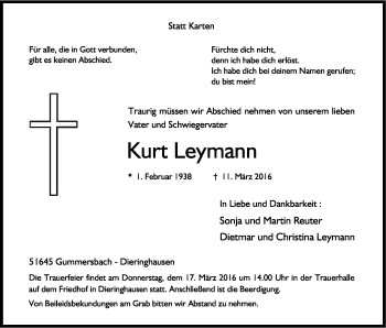 Anzeige von Kurt Leymann von Kölner Stadt-Anzeiger / Kölnische Rundschau / Express