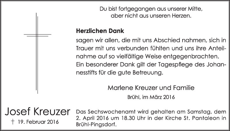  Traueranzeige für Josef Kreuzer vom 23.03.2016 aus  Schlossbote/Werbekurier 