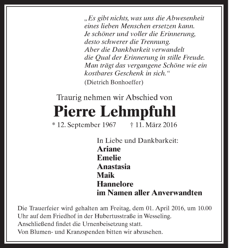  Traueranzeige für Pierre Lehmpfuhl vom 23.03.2016 aus  Schlossbote/Werbekurier 