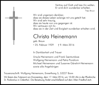 Anzeige von Christa Heinemann von Kölner Stadt-Anzeiger / Kölnische Rundschau / Express