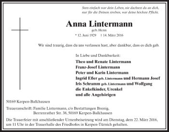 Anzeige von Anna Lintermann von  Sonntags-Post 