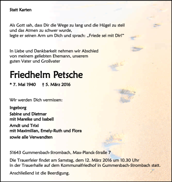 Anzeige von Friedhelm Petsche von Kölner Stadt-Anzeiger / Kölnische Rundschau / Express