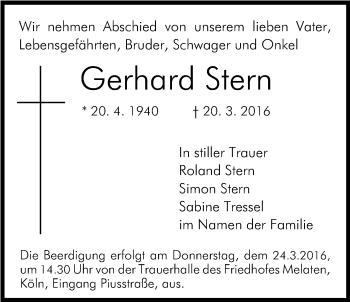Anzeige von Gerhard Stern von Kölner Stadt-Anzeiger / Kölnische Rundschau / Express