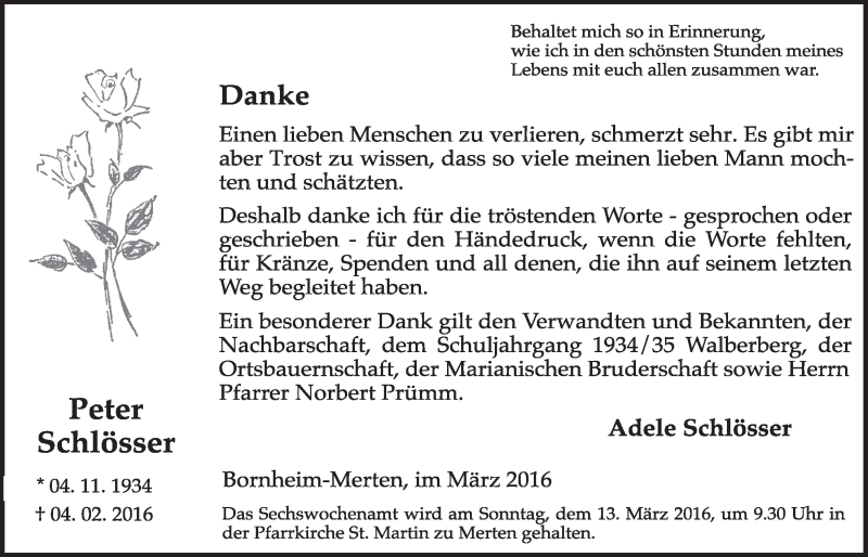  Traueranzeige für Peter Schlösser vom 02.03.2016 aus  Schlossbote/Werbekurier 