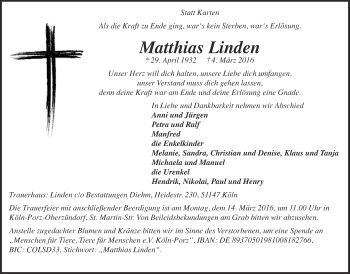 Anzeige von Matthias Linden von  Kölner Wochenspiegel 