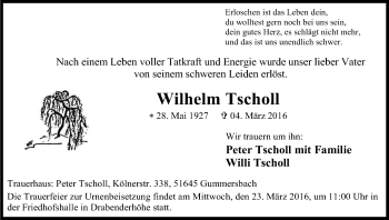 Anzeige von Wilhelm Tscholl von Kölner Stadt-Anzeiger / Kölnische Rundschau / Express